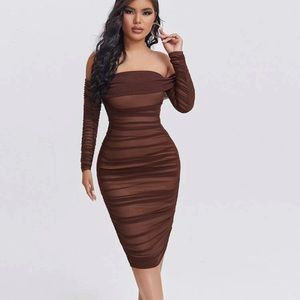 Shein brown off shoulder mesh bodycon dress